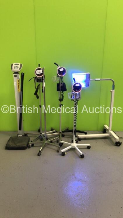 Large Mixed Lot Including 4 x Welch Allyn BP Meters on Stands, 1 x Drip Stand, 1 x Welch Allyn Standing Weighing Scales and 1 x Medela Infant Warming Light (Powers Up) * S/N N/A *