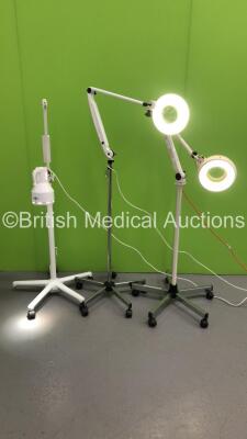 1 x Brandon Medical Patient Examination Light on Stand, 1 x EDL Patient Examination Light on Stand and 1 x Waldmann Patient Examination Light on Stand (All Power Up,1 x Damaged Switch-See Photos)