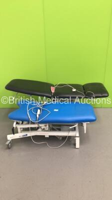2 x MediPlinth Electric Patient Examination Couches with Controllers (1 x Powers Up - Damage to Cushions)