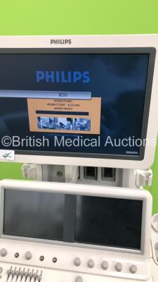 Philips iE33 Flat Screen Ultrasound Scanner *S/N 02XLNN* **Mfd 03/2008** on E.2 Cart Software Version 6.3.6.343 with 1 x Transducer / Probe (S5-1), Sony UP-D897 Digital Graphic Printer and Mitsubishi MD3000 Video Cassette Recorder (Powers Up - Missing Dia - 4