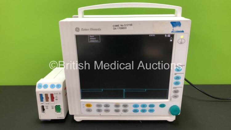 Datex Ohmeda Type F-CM1-05 Compact Anaesthesia Monitor *Mfd 2009* with 1 x GE E-PRESTN - 00 Module Including ECG, SpO2, NIBP, T1 and T2 Options *Mfd 2009* (Powers Up)