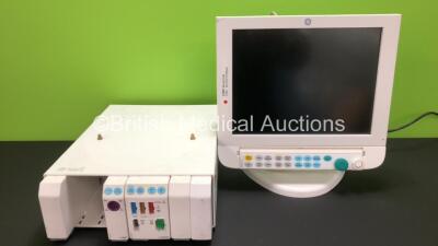 Job Lot Including 1 x GE D-FPD15-00 Monitor with 1 x K-ANEB-00 Command Bar (Powers Up), 1 x GE F-CU8-12-VGI Module Rack, 1 x E-PRESTN-00 Module with ECG,Sp02, NIBP, T1-T2 and P1-P2 Options, 1 x E-NMT-00 Module and 3 x Blank Modules