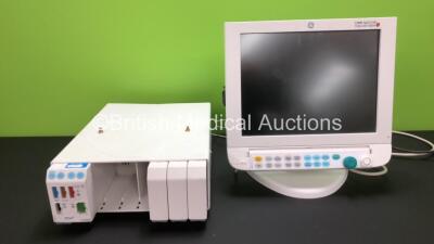 Job Lot Including 1 x GE D-FPD15-00 Monitor with 1 x K-ANEB-00 Command Bar (Powers Up), 1 x GE F-CU8-12-VGI Module Rack, 1 x E-PRESTN-00 Module with ECG,Sp02, NIBP, T1-T2 and P1-P2 Options and 3 x Blank Modules