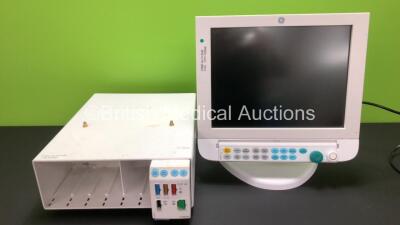 Job Lot Including 1 x GE D-FPD15-00 Monitor with 1 x K-ANEB-00 Command Bar (Powers Up), 1 x GE F-CU8-12-VGI Module Rack and 1 x E-PRESTN-00 Module with ECG,Sp02, NIBP, T1-T2 and P1-P2 Options