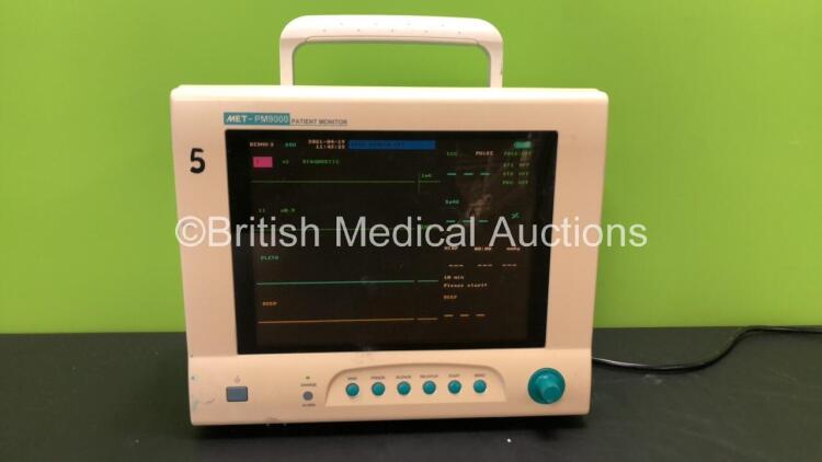 Mindray MET-PM9000 Patient Monitor Including ECG, SpO2, NIBP, T1 and T2 Options (Powers Up with Missing Printer Cover-See Photo) *W12R1552*