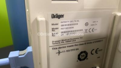 2 x Drager Infinity Delta XL Patient Monitors with SPO2, HemoMed 1, Aux-Hemo 2, Aux-Hemo 3 and MultiMed Options, 2 x Docking Stations and 2 x Power Supplies (Both Power Up) *5399412954 - 5399460162* - 6