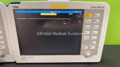 2 x Drager Infinity Delta XL Patient Monitors with SPO2, HemoMed 1, Aux-Hemo 2, Aux-Hemo 3 and MultiMed Options, 2 x Docking Stations and 2 x Power Supplies (Both Power Up, Both with Damaged Casings - See Photos) *6000613377 - 6000471877* - 2