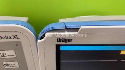 2 x Drager Infinity Delta XL Patient Monitors with SPO2, HemoMed 1, Aux-Hemo 2, Aux-Hemo 3 and MultiMed Options, 2 x Docking Stations and 2 x Power Supplies (Both Power Up, Both with Damaged Casings - See Photos) *6000613377 - 6000471877* - 3