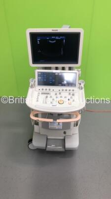 Philips iE33 Flat Screen Ultrasound Scanner on F.2 Cart *S/N 024KRY* **Mfd 03/2009** Software Version 5.0.3.125 with 4 x Transducers / Probes (S8-3 / L15-7io,S12-4 and C5-1) (Powers Up - Missing DIals - Marks on Trims - Cracked Trims -See Pictures)