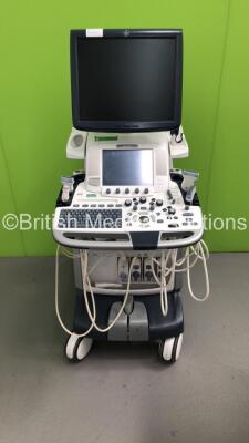 GE Logiq E9 Flat Screen Ultrasound Scanner Model No 5205000-6 *S/N 110949US5* **Mfd 04/2012** with 5 x Transducers / Probes (S4-10 Ref 5336208 *Mfd 10/2012* / 9L-D Ref 5194432 *Mfd 03/2012* / C1-5-D Ref 5261135 *Mfd 12/2017* / ML6-15-D Ref 5199103 *Mfd 03