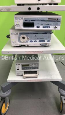 Olympus Stack Trolley with Olympus OEV191H Monitor, Olympus OES UHI-3 Insufflator, Olympus Visera OTV-S7 Camera Control Unit and Sony UP-21MD Colour Video Printer (Powers Up) *S/N 7717318 / 1504277 / 7200202/* - 4