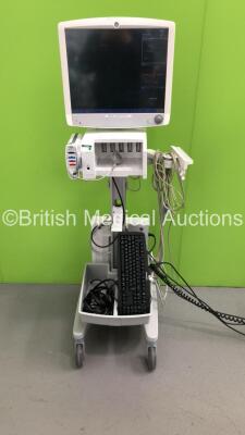 GE B650 Patient Monitor on Stand with Module Rack Including GE Patient Data Module Ref 2016793-002 with ECG, Temp/Co, P1/3, P2/4, SPO2, NIBP and Defib/Sync Options (Powers Up) *S/N SA31576191GA*