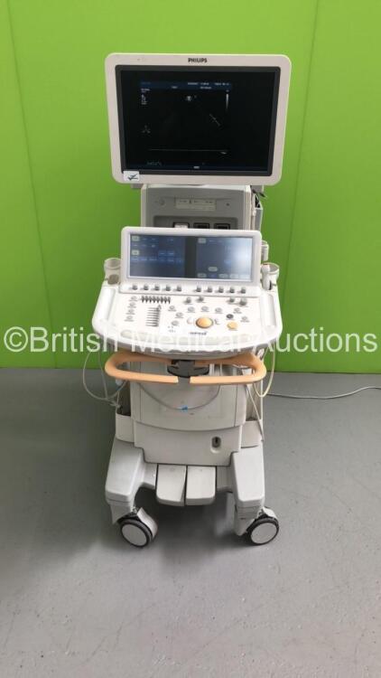 Philips iE33 Flat Screen Ultrasound Scanner on D.0 Cart *S/N 02R6K7* **Mfd 01/2007** Software Version 5.2.2.44 with 1 x Transducer / Probe (S5-1), Sony UP-D897 Digital Graphic Printer and Mitsubishi MD3000 Video Cassette Recorder (Powers Up - Small Marks