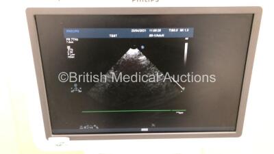 Philips iE33 Flat Screen Ultrasound Scanner on D.0 Cart *S/N 02R6K7* **Mfd 01/2007** Software Version 5.2.2.44 with 1 x Transducer / Probe (S5-1), Sony UP-D897 Digital Graphic Printer and Mitsubishi MD3000 Video Cassette Recorder (Powers Up - Small Marks - 8