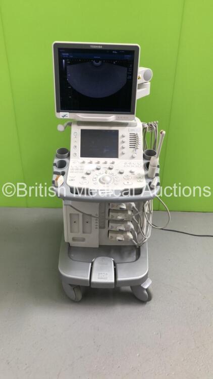 Toshiba Aplio 500 TUS-A500 Flat Screen Ultrasound Scanner *S/N T1E1323856* **Mfd 02/2013* Software Version V3.00*R002 with 4 x Transducers / Probes (PVT-661VT *Mfd 01/2007* / PVT-375BT *Mfd 2010* / PLT-1204BT *Mfd 03/2012* and PVT-674BT *Mfd 01/2006*) (Po