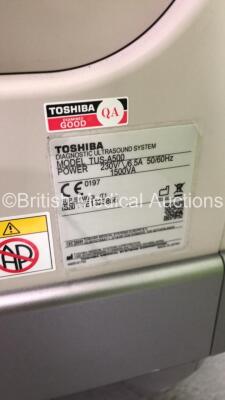 Toshiba Aplio 500 TUS-A500 Flat Screen Ultrasound Scanner *S/N T1E1323856* **Mfd 02/2013* Software Version V3.00*R002 with 4 x Transducers / Probes (PVT-661VT *Mfd 01/2007* / PVT-375BT *Mfd 2010* / PLT-1204BT *Mfd 03/2012* and PVT-674BT *Mfd 01/2006*) (Po - 21