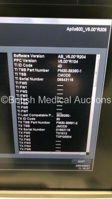 Toshiba Aplio 500 TUS-A500 Flat Screen Ultrasound Scanner *S/N T1E132824* **Mfd 02/2013** Software Version AB_V5.00*R204 with Mitsubishi P93 Printer (Powers Up - Small Marks to Trims) - 8