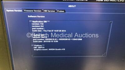 GE Vivid E9 with XDClear Flat Screen Ultrasound Scanner *S/N VE97126* *Mfd 03/2014* Application Software Version 113 Revision 0.6 System Software Version 104.3.5 with 1 x Transducer / Probe (M5Sc-D Ref 5446812 *Mfd 03/2019*) (Powers Up - Keyboard will Not - 7
