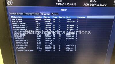 GE Vivid E9 with XDClear Flat Screen Ultrasound Scanner *S/N VE97126* *Mfd 03/2014* Application Software Version 113 Revision 0.6 System Software Version 104.3.5 with 1 x Transducer / Probe (M5Sc-D Ref 5446812 *Mfd 03/2019*) (Powers Up - Keyboard will Not - 9