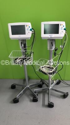 2 x Datex-Ohmeda S/5 Patient Monitors on Stands with NIBP,SpO2 and ECG+Resp Options,2 x BP Hoses,2 x SpO2 Finger Sensors and 2 x 3-Lead ECG Cables (Both Power Up)