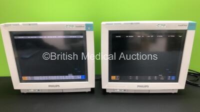 2 x Philips IntelliVue MP70 Touch Screen Patient Monitors Software Version H.15.41 - G.01.80 *Mfd 2011 -2012* (Both Power Up) *DE843B5121 - DE843A9531*