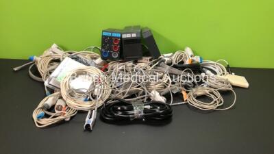 Job Lot Including 1 x Datex-Ohmeda M-ESTPR Multiparameter Module with T1, T2, P1, P2, ECG + Resp and SPO2 Options, 1 x Datex-Ohmeda M-REC Printer Module, 1 x Datex-Ohmeda Blank Module (Damaged Casing - See Photo) and Various Patient Monitoring Cables