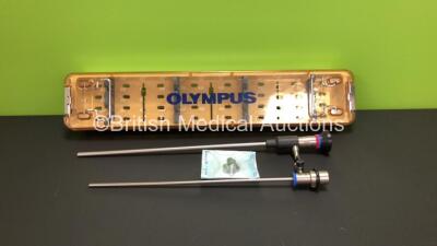 Olympus A4674A 30 Degree Rigid Hysteroscope with Olympus A4770 Sheath in Olympus Case - Engineer's Report : Optical System - No Fault Found, Insertion Tube - No Fault Found, Light Transmission - No Fault Found