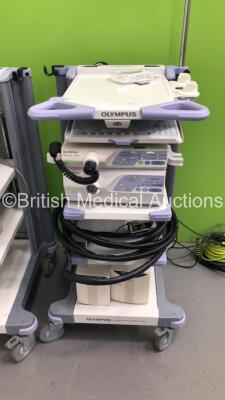 2 x Olympus Stack Trolleys Including Olympus OEV181H Monitor,Olympus Evis Lucera CV-260 Processor,Olympus Evis Lucera MAJ-1154 Pigtail Connector,Olympus Evis Lucera CLV-260 Processor/Light Source Unit,Olympus Keyboard,Olympus Connector Cables and 2 x UPS - 2