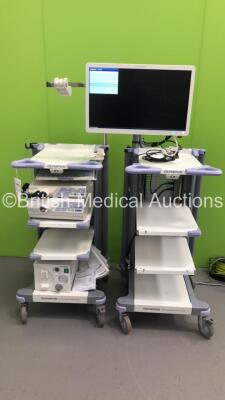 2 x Olympus Stack Trolleys Including Olympus OEV262H LCD Monitor,Olympus Evis Lucera CV-260 Processor,Olympus Evis Lucera MAJ-1154 Pigtail Connector,Olympus Evis Lucera CLV-260 Processor/Light Source Unit,Olympus KV-5 Suction Unit and Olympus Keyboard (Po