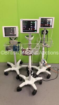 3 x Spacelabs Patient Monitors Model No 90369 on Stands with ECG, P1-2, P3-4, SPO2, CO, T1-2, hlo1, hlo2, NIBP and BP Options (All Power Up) *S/N 369-114153 / 369-117220 / 369-113200*