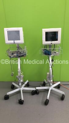2 x SpaceLabs UltraView SL Patient Monitors on Stands Model No 91369 with ECG, hlo1, hlo2, NIBP, SPO2, T1-2 and BP Options (1 x Powers Up - 1 x Damaged Screen - See Pictures) *S/N 1369-011238 / 1369-008477*
