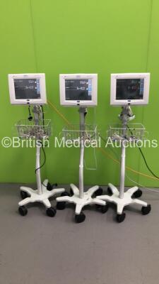 3 x SpaceLabs UltraView SL Patient Monitors on Stands Model No 91370 with ECG, hlo1, hlo2, NIBP, BP, SPO2 and T1-2 Options (All Power Up) *S/N 1370-1200720 / 1370-200721 / 1370-200723*