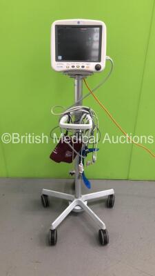 GE Dash 4000 Patient Monitor on Stand with BP1, BP2, SPO2, Temp/Co, NBP and ECG Option, SPO2 Finger Sensor, BP Hose and Cuff (Powers Up) *S/N J2DJ9175G*