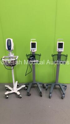 2 x Datascope Duo Vital Signs Monitors on Stands with 1 x BP Hose and Cuff (Both Power Up) and 1 x Welch Allyn SPOT Vital Signs Monitor on Stand with BP HOse and Cuff (No Power) (RI)