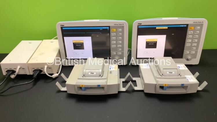 2 x Drager Infinity Delta XL Patient Monitors with HemoMed 1, Aux/Hemo 2, Aux/Hemo 3, NBP and MultiMed Options, 2 x AC Power Supplies and 2 x Docking Stations (Both Power Up with 1 x Damaged Casing - See Photo) *6000538271 - 6004401678*