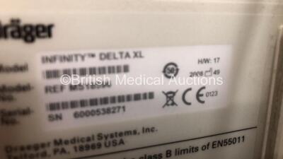 2 x Drager Infinity Delta XL Patient Monitors with HemoMed 1, Aux/Hemo 2, Aux/Hemo 3, NBP and MultiMed Options, 2 x AC Power Supplies and 2 x Docking Stations (Both Power Up with 1 x Damaged Casing - See Photo) *6000538271 - 6004401678* - 3