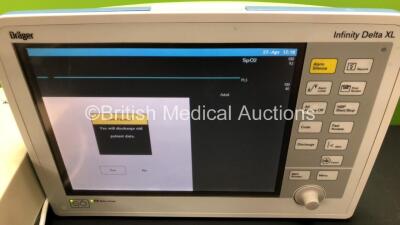 2 x Drager Infinity Delta XL Patient Monitors with HemoMed 1, Aux/Hemo 2, Aux/Hemo 3, NBP and MultiMed Options, 2 x AC Power Supplies and 2 x Docking Stations (Both Power Up with 1 x Damaged Casing - See Photo) *6000538271 - 6004401678* - 4