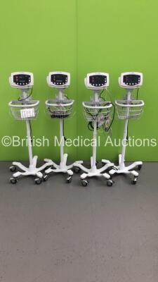 4 x Welch Allyn 53N00 Patient Monitors on Stands with 2 x BP Hose and 1 x SPO2 Finger Sensor (All Power Up)