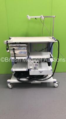 Olympus Stack Trolley with Olympus Evis Lucera CV-260SL Digital Processor, Olympus Evis Lucera CLV-260SL Light Source, 2 x Olympus MAJ-1154 Pigtail Connectors, Olympus KV-5 Suction Pump and Olympus ECS-260 Connector Cable (Powers Up) *S/N FS0075068 / FS01