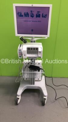 GE CDA19T Patient Monitor on Stand with Module Rack Including GE Patient Data Module Ref 2016793-002 with ECG, Temp/Co, P1/3, P2/4, SPO2, NIBP and Defib/Sync Options and 1 x E-MiniC Gas Module (Powers Up)