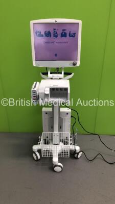 GE B850 Carescape Patient Monitor on Stand with Module Rack Including GE Patient Data Module Ref 2016793-002 with ECG, Temp/Co, P1/3, P2/4, SPO2, NIBP and Defib/Sync Options and 1 x E-MiniC Gas Module (Powers Up)