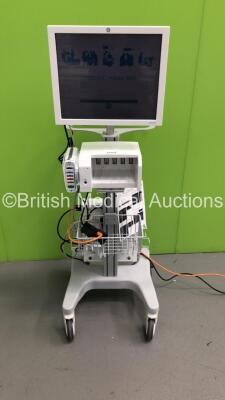 GE CDA19T Patient Monitor on Stand with Module Rack Including GE Patient Data Module Ref 2016793-002 with ECG, Temp/Co, P1/3, P2/4, SPO2, NIBP and Defib/Sync Options (Powers Up)