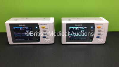 2 x Philips IntelliVue X2 Handheld Patient Monitors S/W Rev K.21.42 / K.21.42 with Press/Temp, NBP, SpO2 and ECG/Resp Options with 2 x Batteries (Both Power Up with 1 x Casing Damage) *Mfd 2010 - 2009* *SN-DE83629489 - DE83629197*