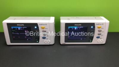 2 x Philips IntelliVue X2 Handheld Patient Monitors S/W Rev K.21.42 / K.21.42 with Press/Temp, NBP, SpO2 and ECG/Resp Options with 2 x Batteries (Both Power Up) *Mfd NA* *SN-DE83624482 - DE83622763*