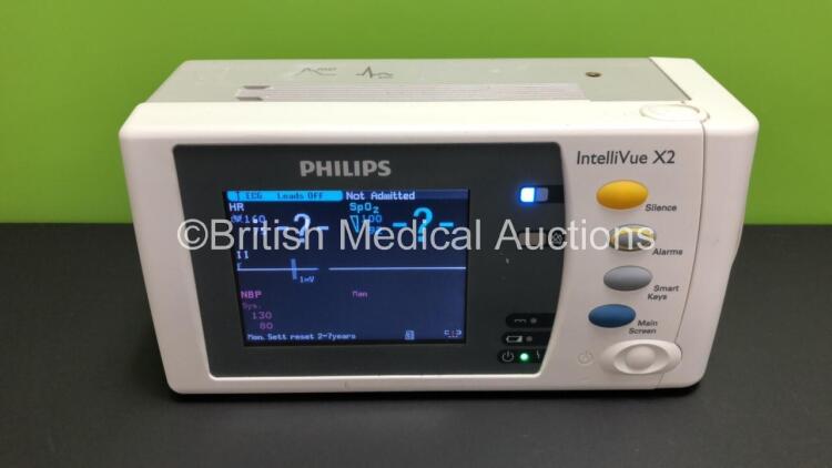 Philips IntelliVue X2 Handheld Patient Monitor S/W Rev K.21.42 with Press/Temp, NBP, SpO2 and ECG/Resp Options with Battery (Powers Up) *Mfd 2009* *SN-DE83624466*