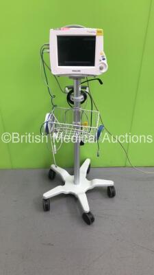 Philips IntelliVue MP30 Patient Monitor on Stand with Philips M3001A Module with ECG/Resp, SPO2 and NBP Options and Leads (Powers Up)