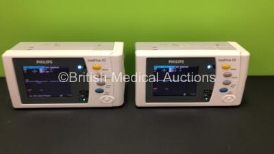 2 x Philips IntelliVue X2 Handheld Patient Monitors S/W Rev K.21.42 / K.21.42 with Press/Temp, NBP, SpO2 and ECG/Resp Options with 2 x Batteries (Both Power Up) *Mfd 2010 - 2010* *SN-DE95044606 - DE95047828*