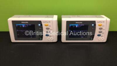 2 x Philips IntelliVue X2 Handheld Patient Monitors S/W Rev K.21.42 / K.21.42 with Press/Temp, NBP, SpO2 and ECG/Resp Options with 2 x Batteries (Both Power Up) *Mfd 2011 - 2011* *SN-DE03776854 - DE03776847*