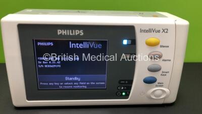 2 x Philips IntelliVue X2 Handheld Patient Monitors S/W Rev K.21.42 / K.21.42 with Press/Temp, NBP, SpO2 and ECG/Resp Options with 2 x Batteries (Both Power Up with 1 x Damaged Casing- See Photo) *Mfd 2009 - 2009* *SN-DE83629217 - DE83629193* - 2