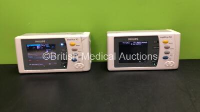 2 x Philips Intellivue X2 Handheld Patient Monitor SW Rev K.21.42 - K.21.42 Including ECG, SpO2, NBP, Temp and Press Options with 2 x Philips M4607A Batteries *Mfd 08-2011, 04-2009* (Both Power Up with Damage and Missing Battery Covers-See Photos) *SN DE8